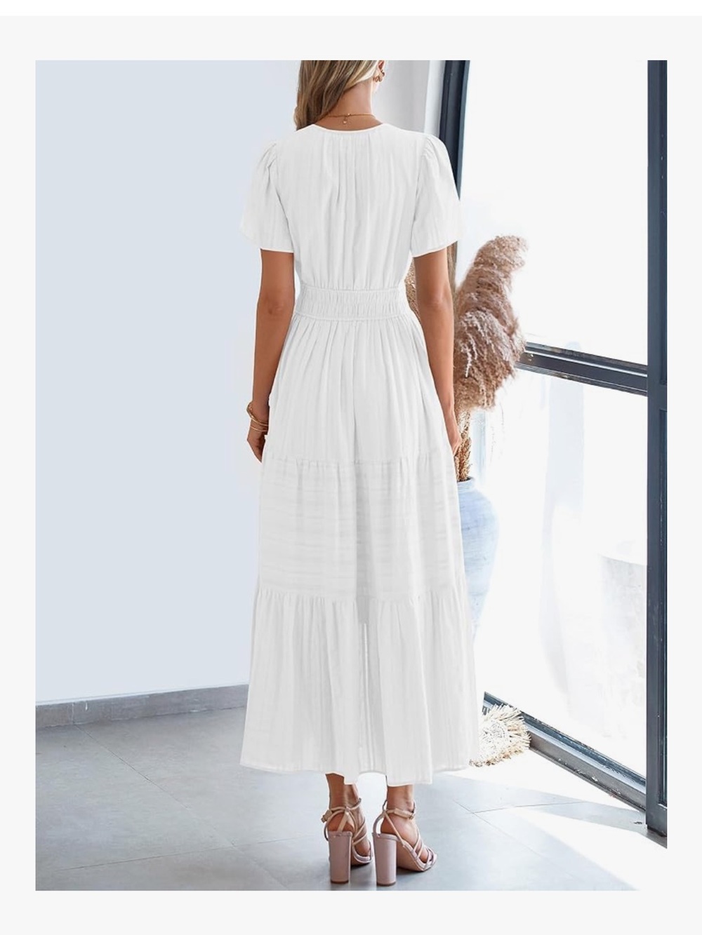 Smocked-Waist White Maxi Dress with Short Sleeves, pockets - Picture 3 of 9
